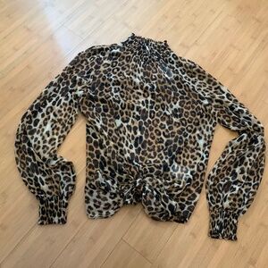 Express Mock Neck Front Tie Leopard Blouse